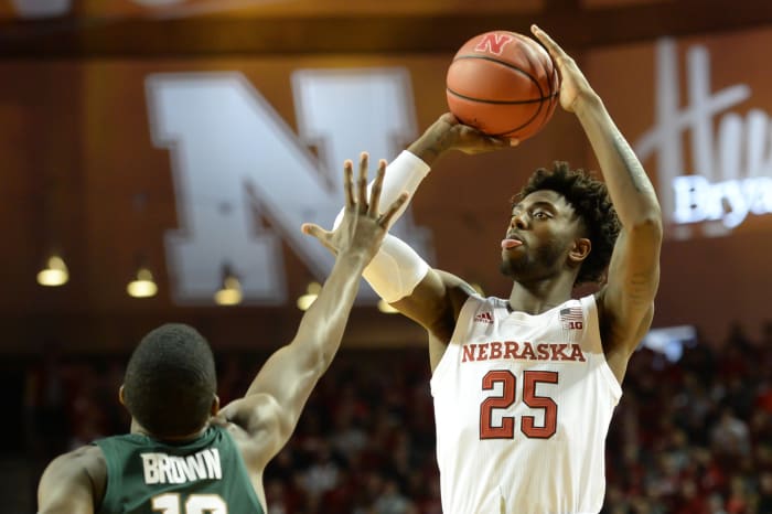 Nebraska guard Nana Akenten takes a jumper.