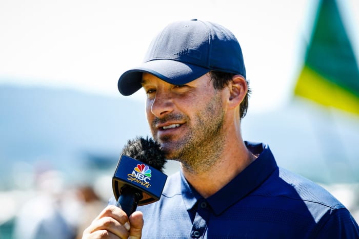 Tony Romo gets interviewed by NBC Sports after a golf tournament.