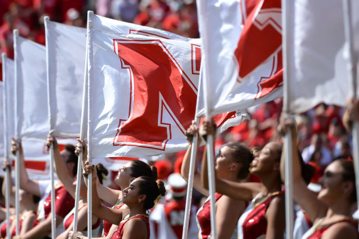 Flag members of the Nebraska Cornhuskers perform before the game against the Rutgers Scarlet Knights.