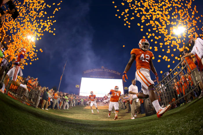 Clemson star LB Stephone Anthony runs down the hill at Clemson Memorial Stadium.