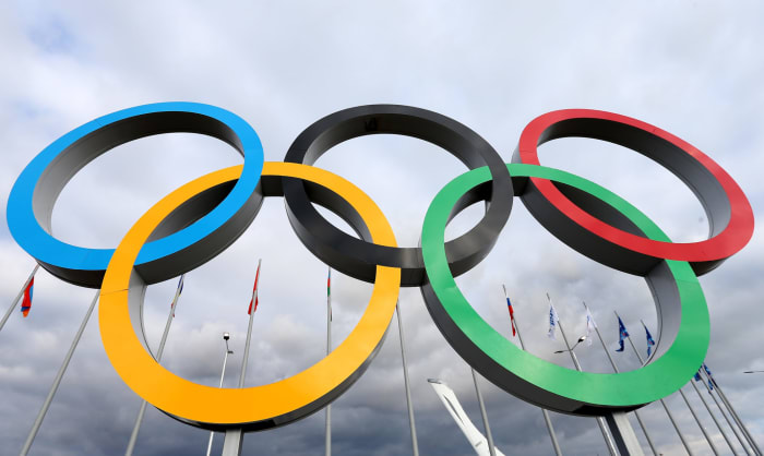 A general photo of the Olympic rings.