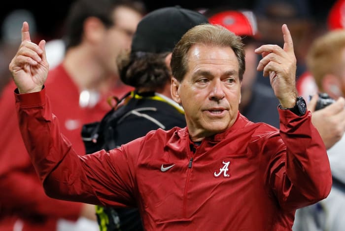 A closeup of Nick Saban.