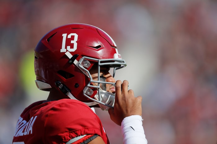 A closeup of Alabama quarterback Tua Tagovailoa