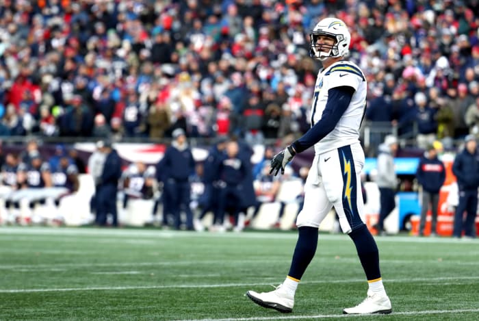 Los Angeles Chargers QB Philip Rivers on the field during a football game.