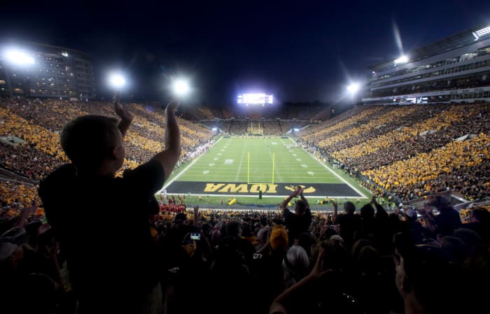 Fans cheer as the Iowa Hawkeyes face the Iowa State Cyclones on September 10, 2016 at Kinnick Stadium.