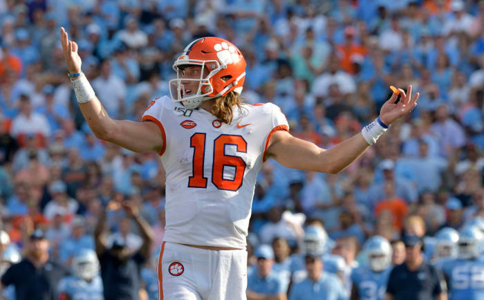 Trevor Lawrence throws up his hands during a college football game at North Carolina. He is the favorite to be the No. 1 pick in the 2021 NFL Draft as of now.