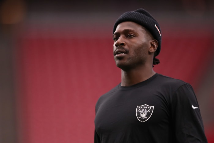 Antonio Brown warms up before a Raiders preseason game.