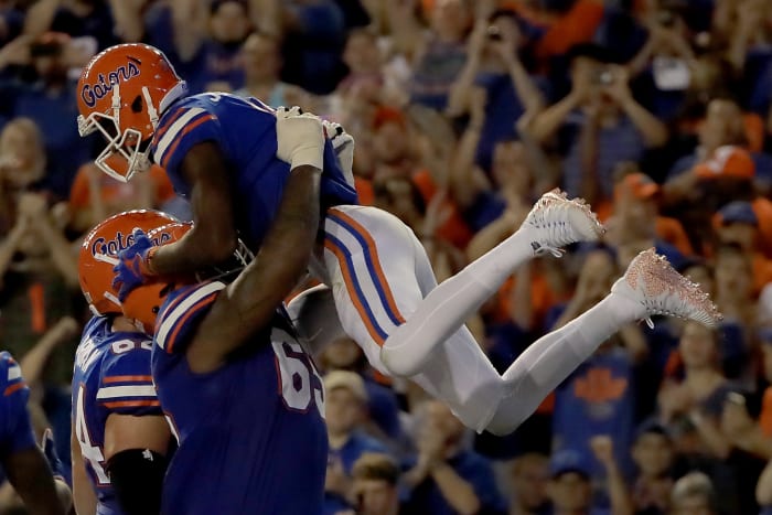 Van Jefferson celebrates scoring a touchdown for Florida.