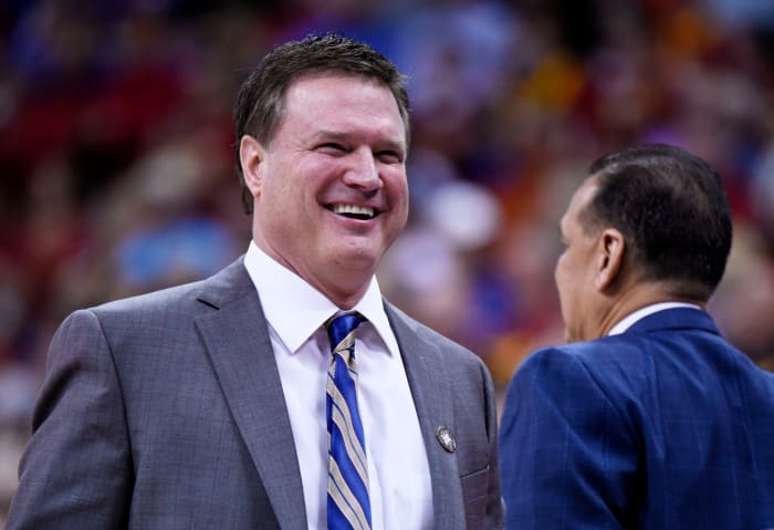 A closeup of Bill Self smiling.