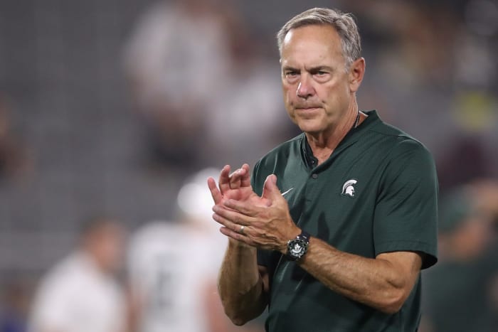 A closeup of Mark Dantonio during an Michigan State football game.