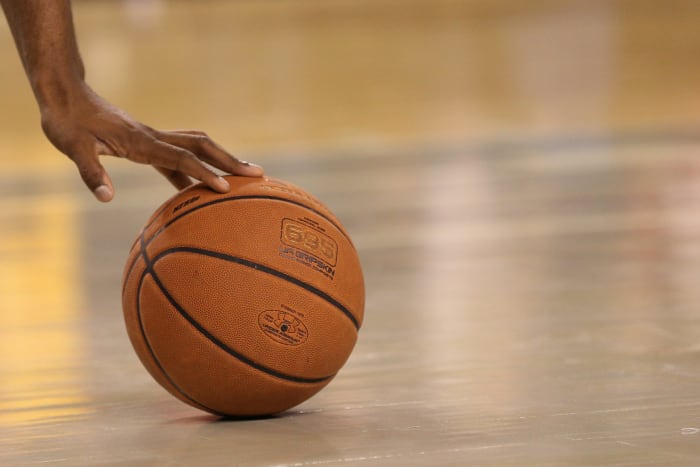 A closeup of a basketball from a game between Princeton of the Ivy League and Maryland.