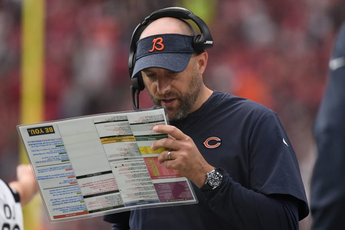 A closeup of Chicago Bears coach Matt Nagy.