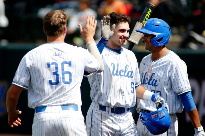 UCLA baseball players celebrate during a big game.