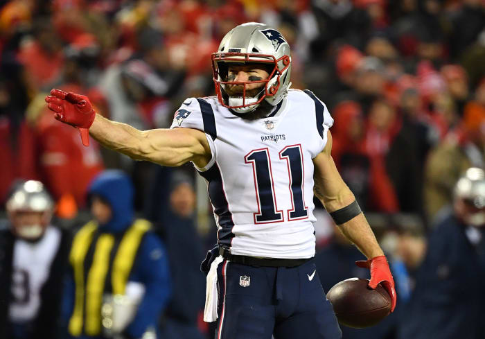 New England Patriots receiver Julian Edelman celebrating a first down.