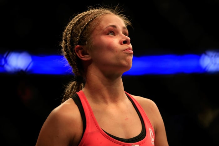 Paige VanZant celebrates a victory in UFC.