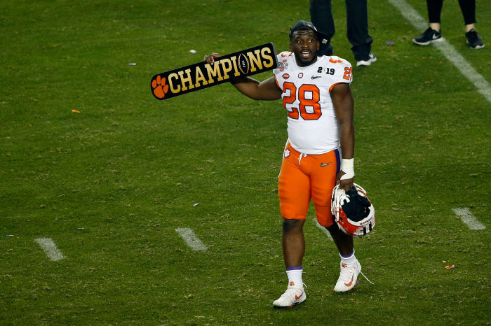 Clemson RB Tavien Feaster celebrates the national title.