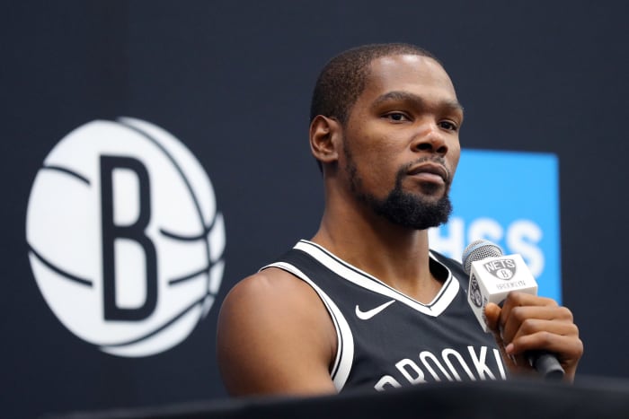 Kevin Durant speaks to the media during Nets Media Day.
