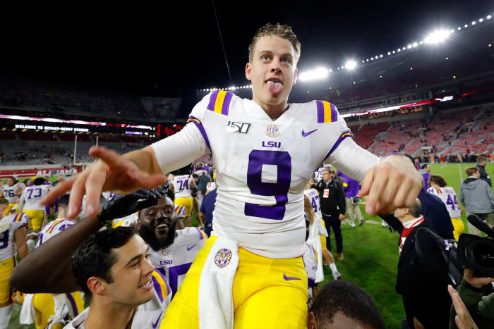 Joe Burrow celebrates LSU's big win at Alabama football in Tuscaloosa.