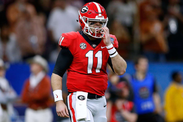 Jake Fromm reacting to a play during the Sugar Bowl.