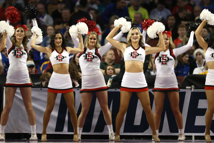 San Diego State cheerleaders performing during a basketball game.