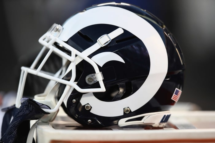 Los Angeles Rams helmet on the bench