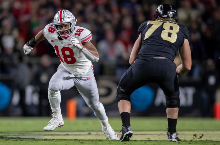 Jonathon Cooper of the Ohio State Buckeyes rushes the passer.