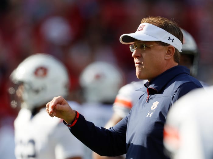 A closeup of Auburn football coach Gus Malzahn.