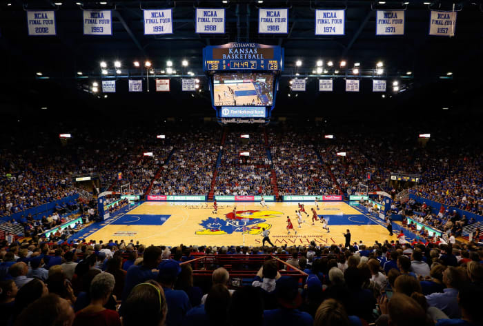 A general view of the Kansas Jayhawks basketball court.