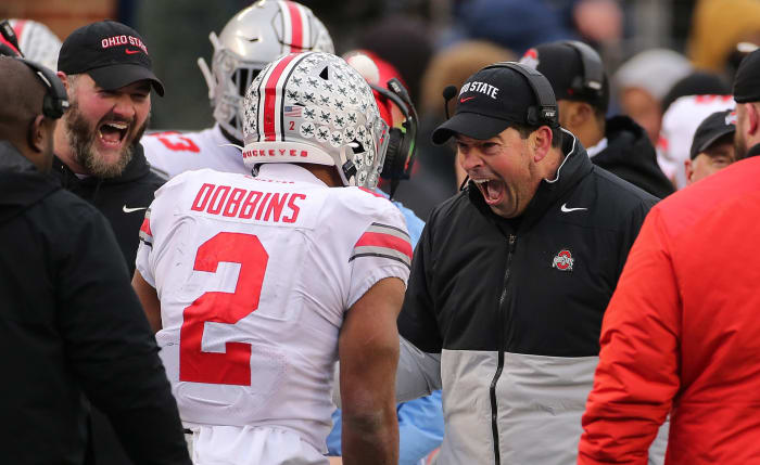 Ohio State running back JK Dobbins against Michigan during a college football game.