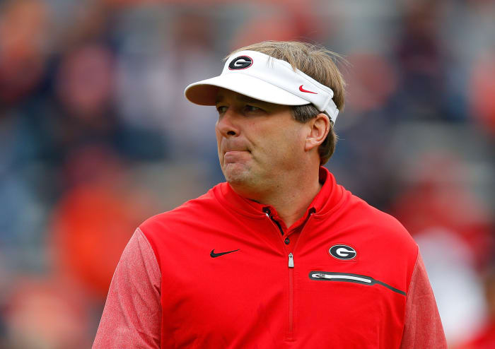 A closeup of Kirby Smart in Georgia Bulldogs apparel.