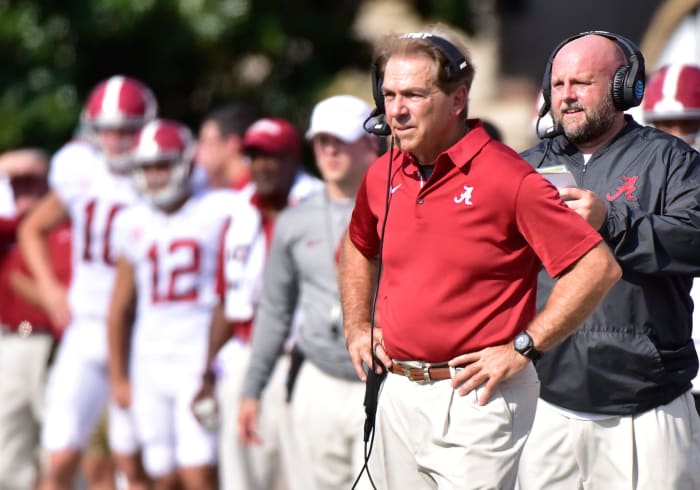 Nick Saban on the sideline for Alabama.