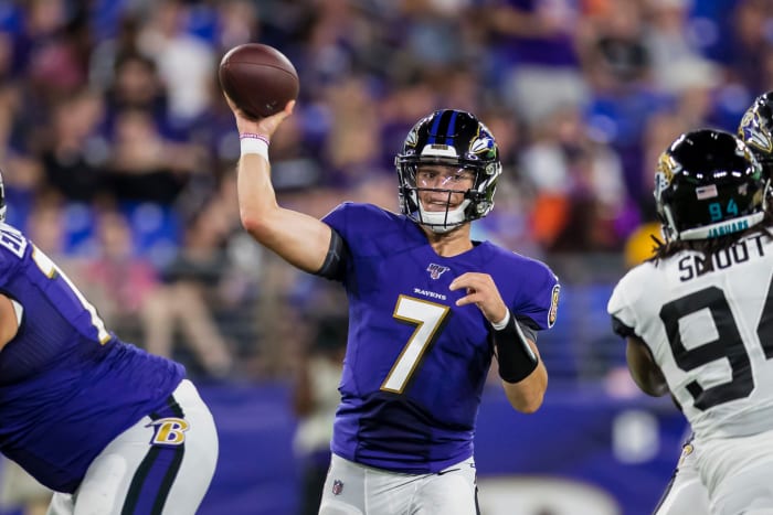 Trace McSorley throws a pass against the Jaguars.