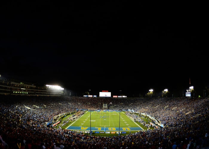 General view of the opening play between the USC Trojans and the UCLA Bruins at the Rose Bowl.