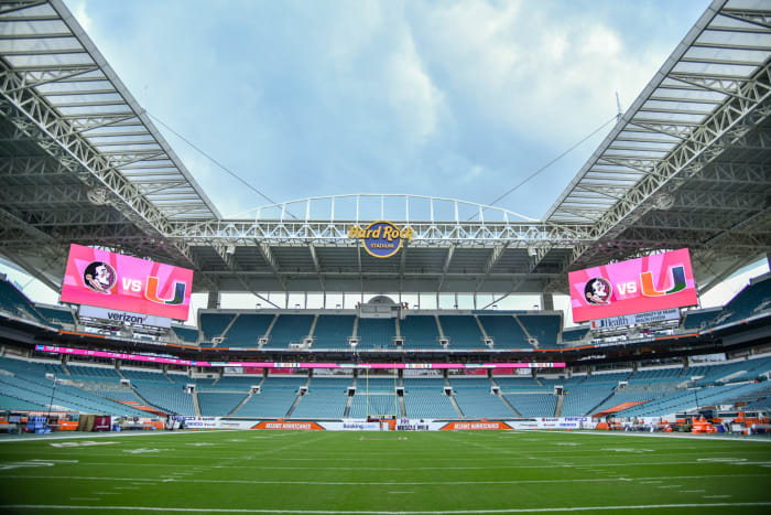 A field level view of Hard Rock Stadium.