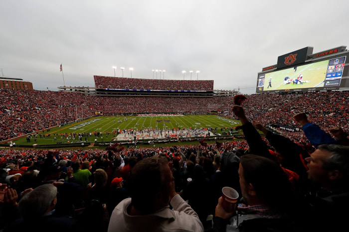 Jordan Hare Stadium during a college football game.