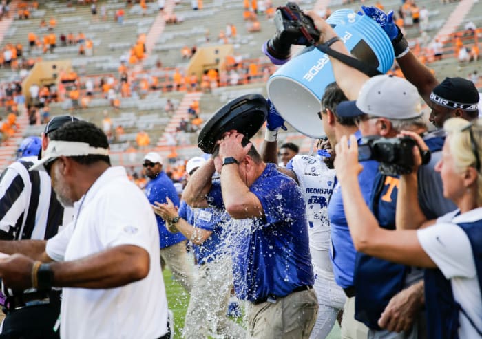 Georgia State football coach Shawn Elliott gets Gatorade bath after beating Tennessee.