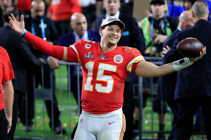 Patrick Mahomes celebrates the Chiefs Super Bowl win.