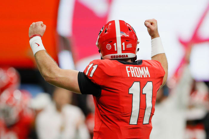 Georgia football QB Jake Fromm celebrating.