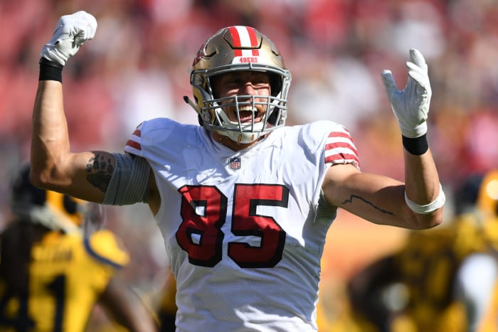 San Francisco 49ers Tight End George Kittle celebrating during a game.