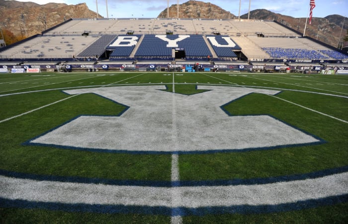 A photo of BYU's centerfield logo.
