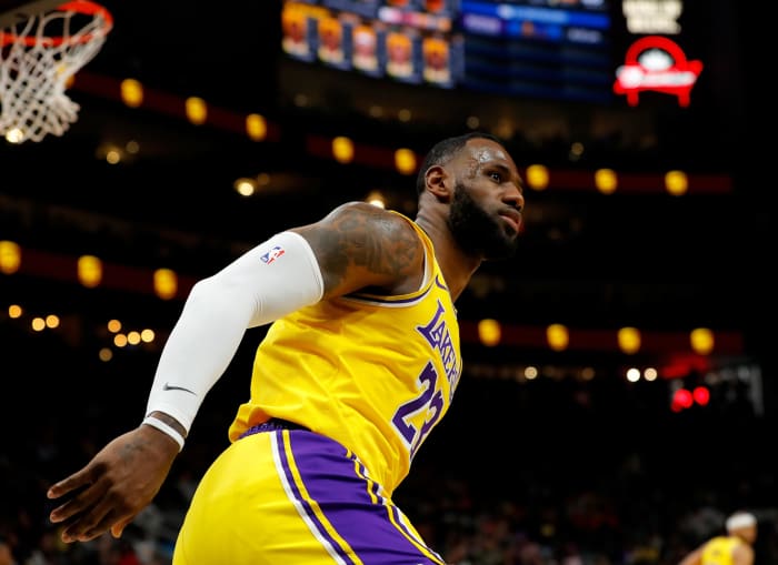 LeBron James celebrates on the court against the Atlanta Hawks.