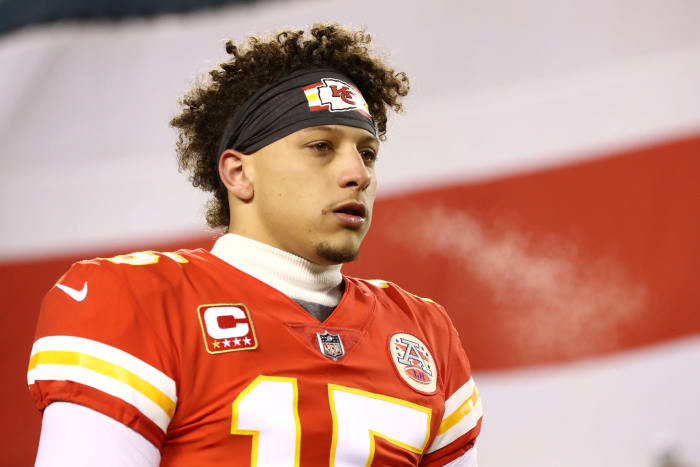 A closeup of Kansas City Chiefs QB Patrick Mahomes.