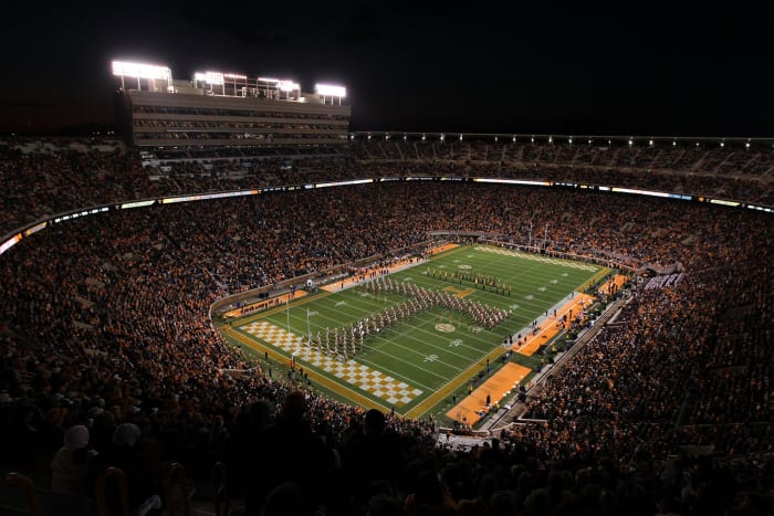 A view of the field at Neyland Stadium during a night game.