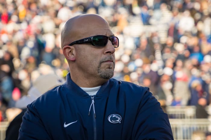 A closeup of Penn State football coach James Franklin during a Big Ten game.