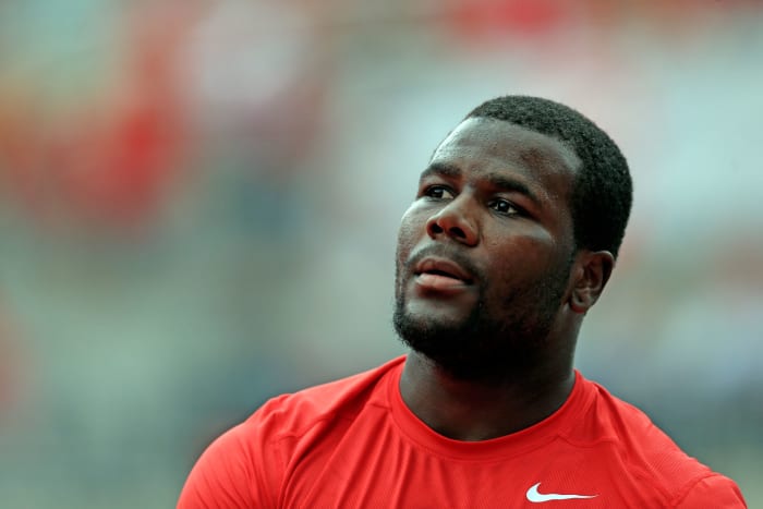 A closeup of Cardale Jones warming up for an Ohio State football game.