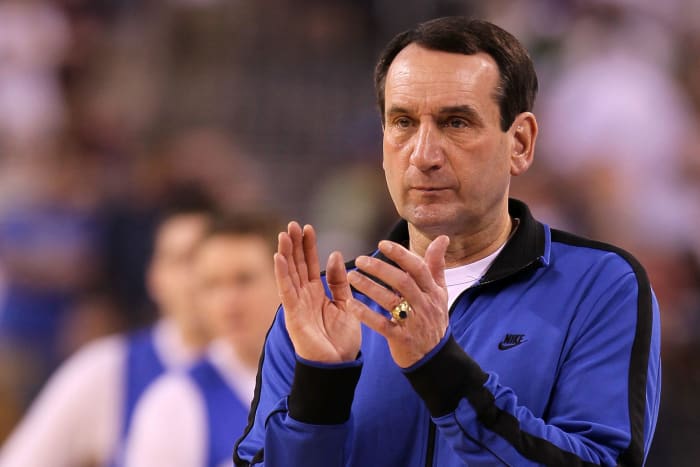 A closeup of Duke college basketball Mike Krzyewski.