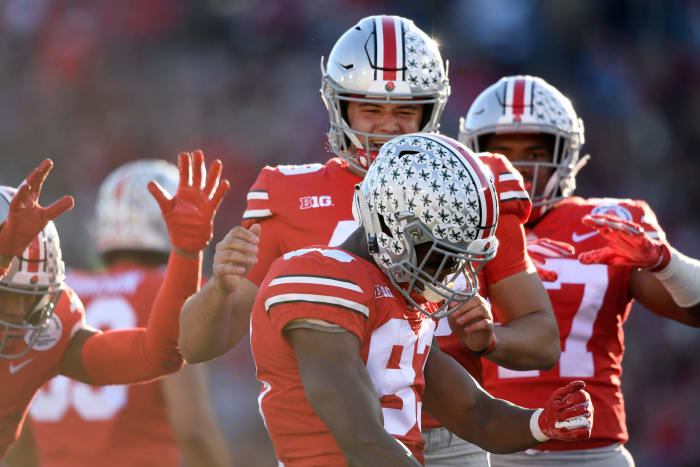 Ohio State wide receivers celebrate during the Rose Bowl.