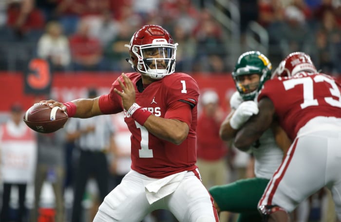 Jalen Hurts in the first half of the Big 12 Championship Game.