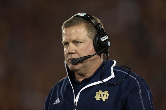 A closeup of Notre Dame coach Brian Kelly.