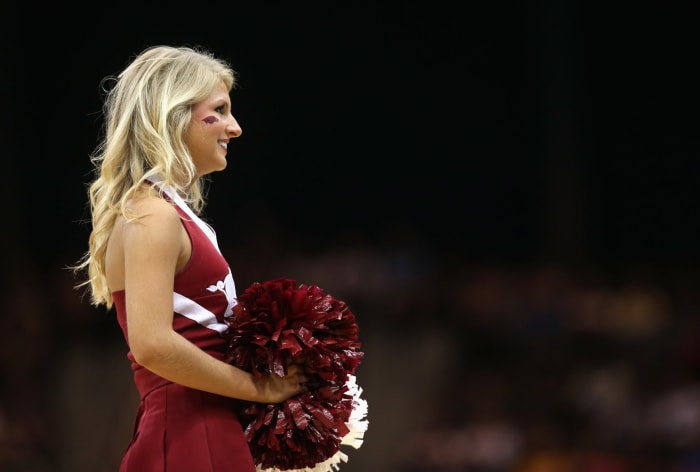 An Arkansas Razorbacks cheerleader.